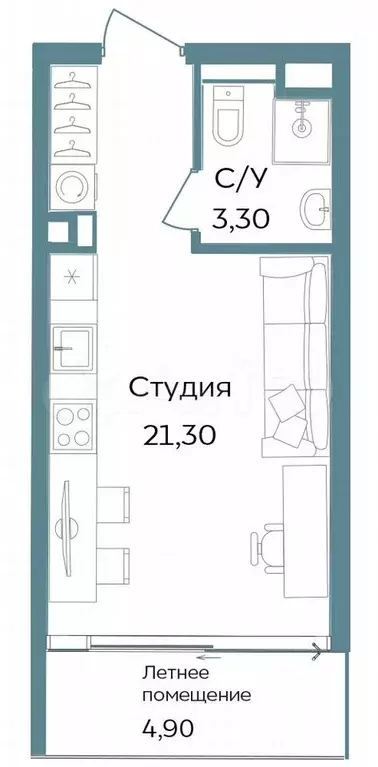 Апартаменты-студия, 29,5 м, 2/12 эт. - Фото 0