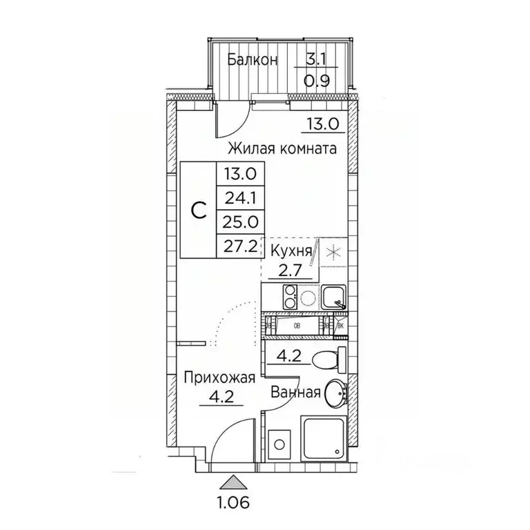 1-к кв. Приморский край, Владивосток ул. Расула Гамзатова, 7к2 (27.2 ... - Фото 1