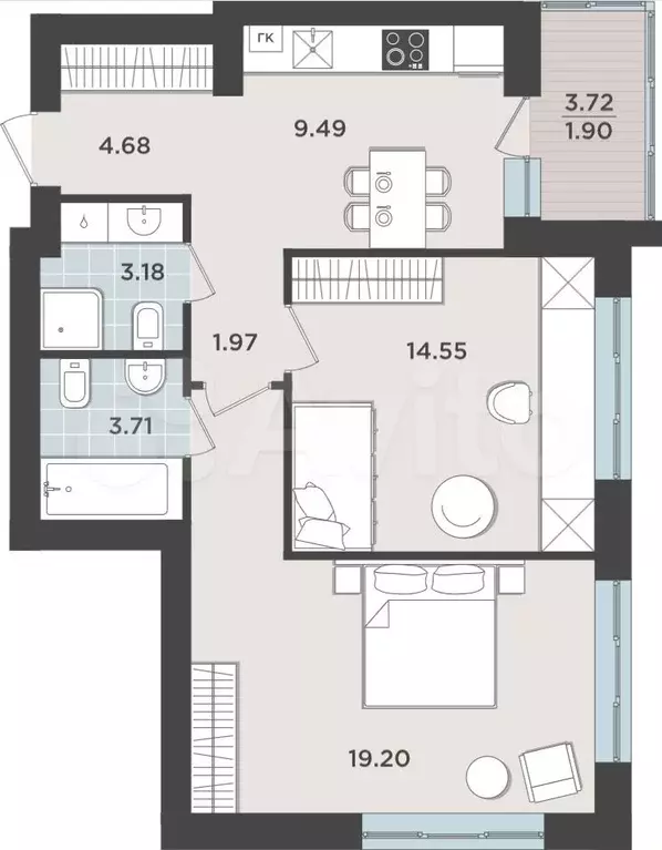 2-к. квартира, 60 м, 1/9 эт. - Фото 1