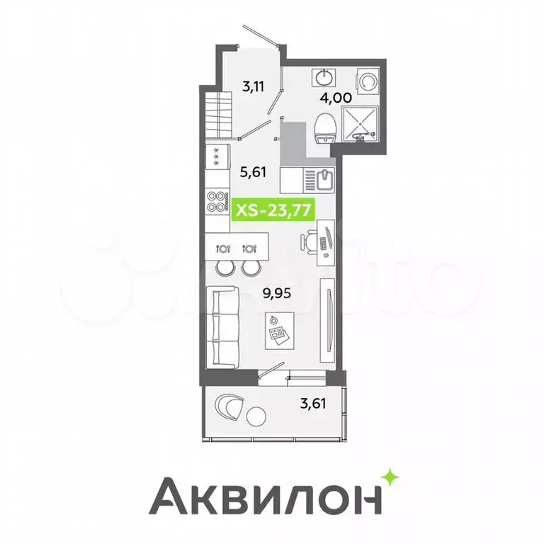 Квартира-студия, 23,8м, 4/12эт. - Фото 1