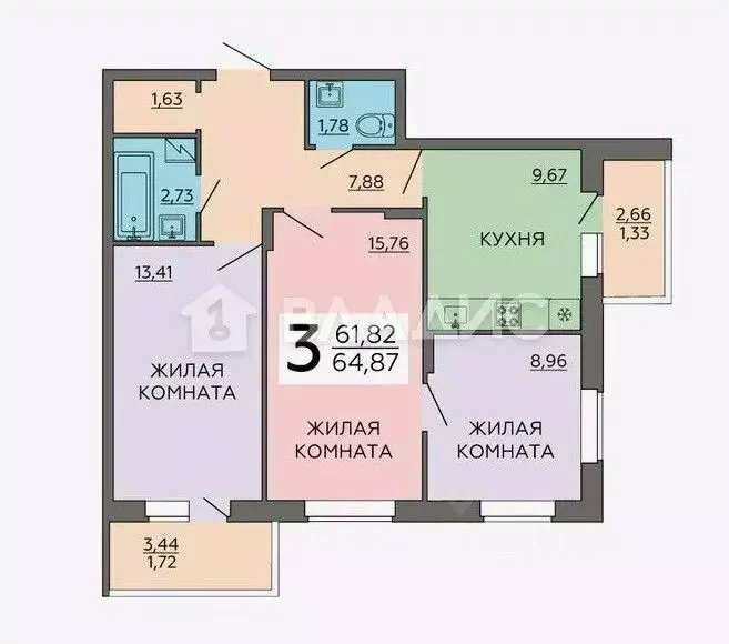 3-к кв. Воронежская область, Воронеж Ростовская ул., 67 (61.4 м) - Фото 2