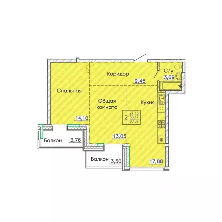 2-к кв. Бурятия, Улан-Удэ Энергетик мкр,  (60.37 м) - Фото 0