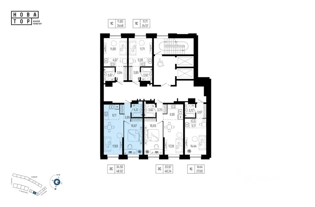 2-к кв. Башкортостан, Уфа Глумилино-1 мкр, Новатор жилой комплекс ... - Фото 2