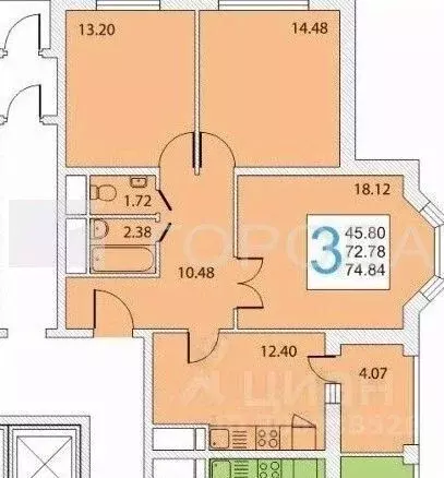 3-к кв. Московская область, Домодедово ул. Курыжова, 24 (74.8 м) - Фото 0