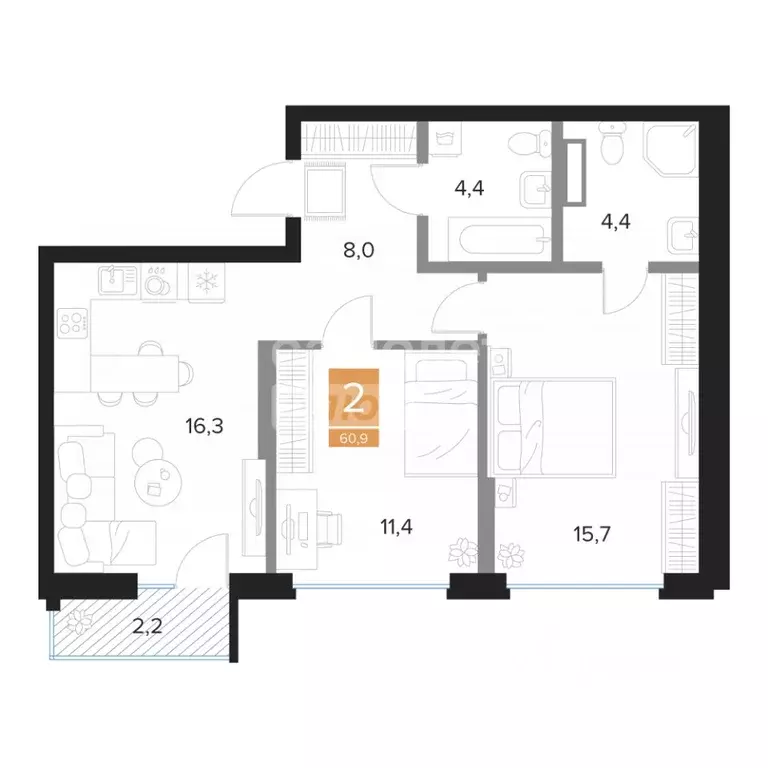 2-к кв. Курская область, Курск ул. Бойцов 9-й Дивизии, 2 (60.9 м) - Фото 1