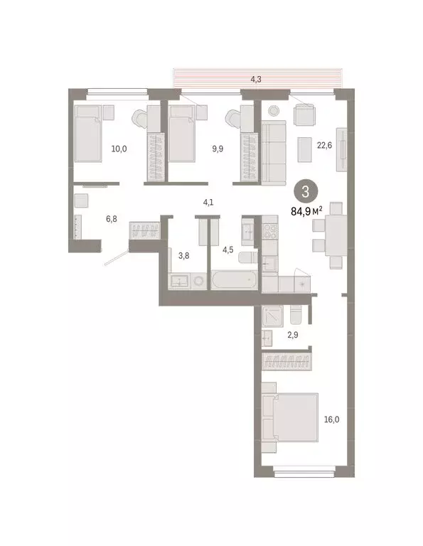 3-комнатная квартира: Новосибирск, квартал Лебедевский, 1/3 (84.9 м) - Фото 2