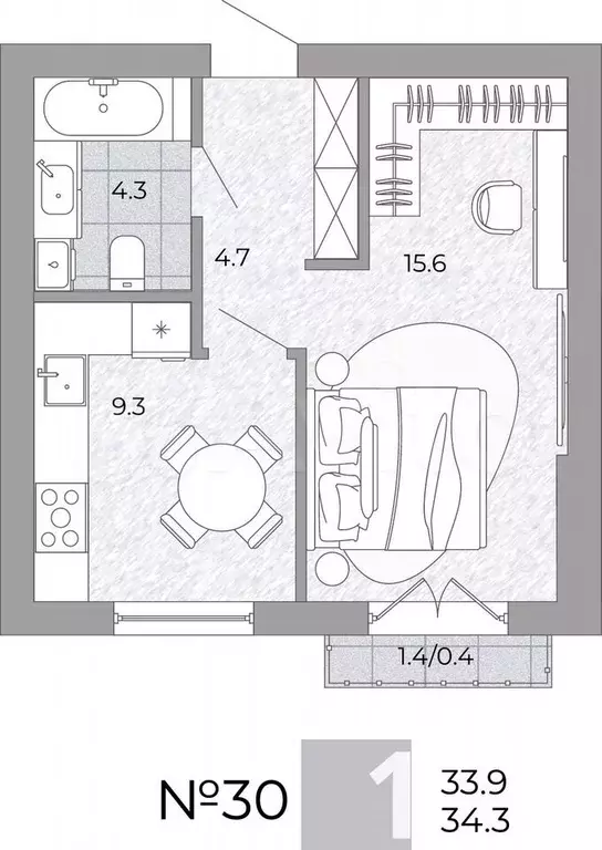 1-к. квартира, 34,3 м, 1/4 эт. - Фото 0