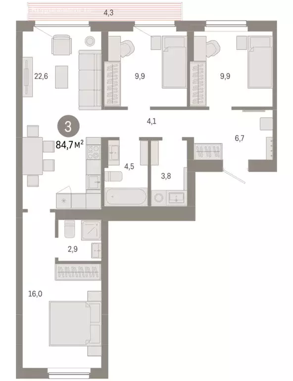 3-комнатная квартира: Новосибирск, квартал Лебедевский (84.7 м) - Фото 1