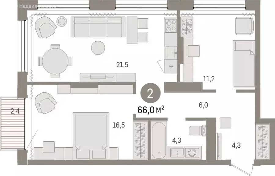 2-комнатная квартира: Тюмень, Краснооктябрьская улица, 4к3 (65.98 м) - Фото 1