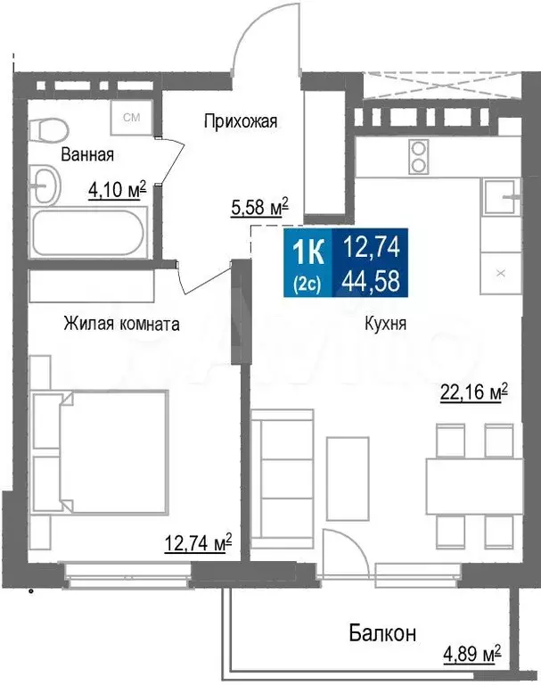 1-к. квартира, 44,6 м, 17/25 эт. - Фото 1