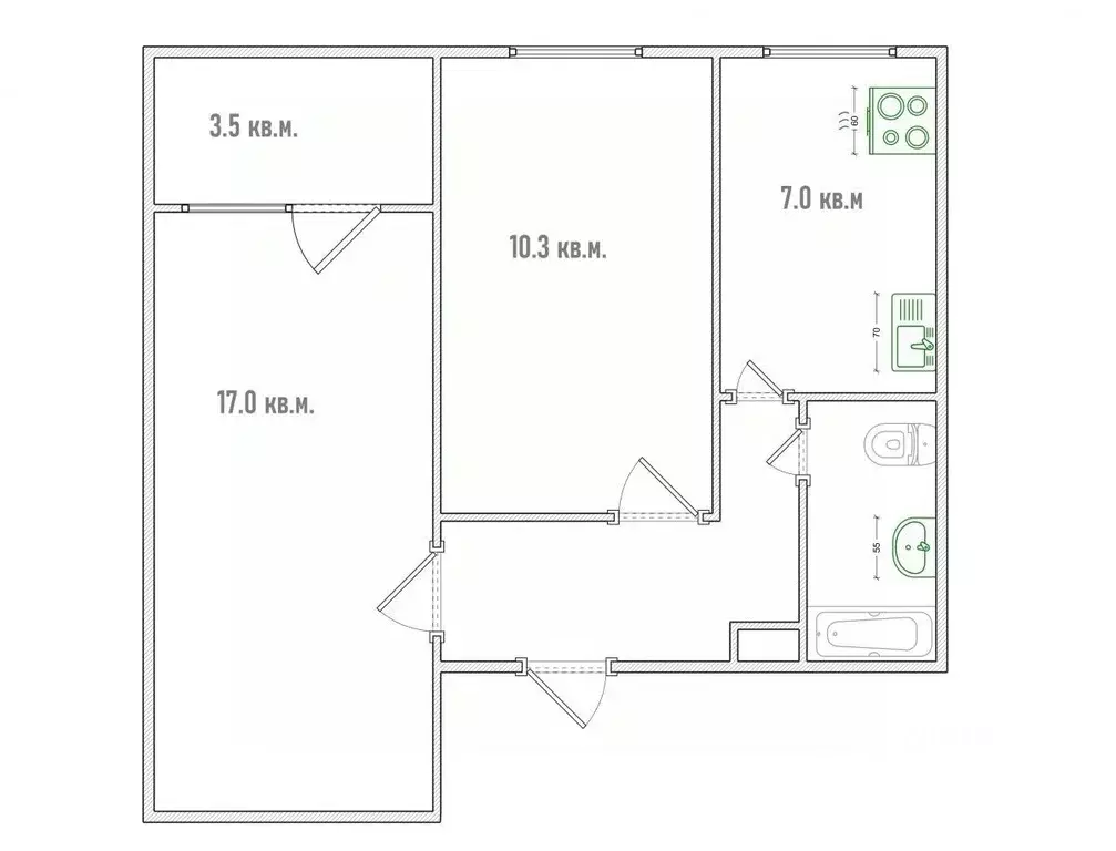 2-к кв. Омская область, Омск ул. Лукашевича, 1 (43.1 м) - Фото 2