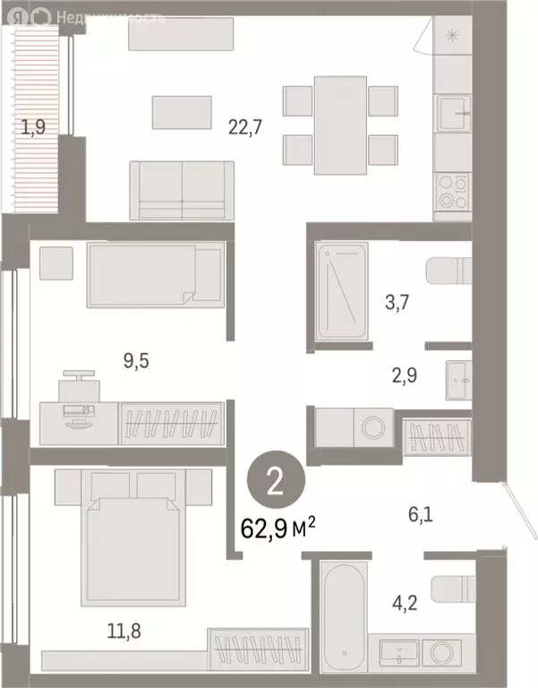 2-комнатная квартира: Новосибирск, Большевистская улица, с49 (62.9 м) - Фото 0