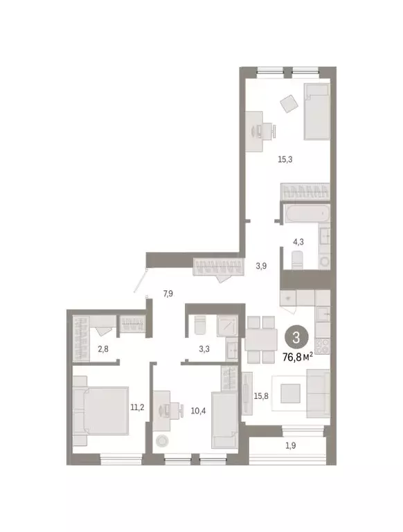 3-комнатная квартира: Тюмень, улица Республики, 205к1 (76.76 м) - Фото 1