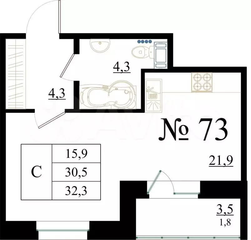 Квартира-студия, 32,3 м, 8/8 эт. - Фото 0