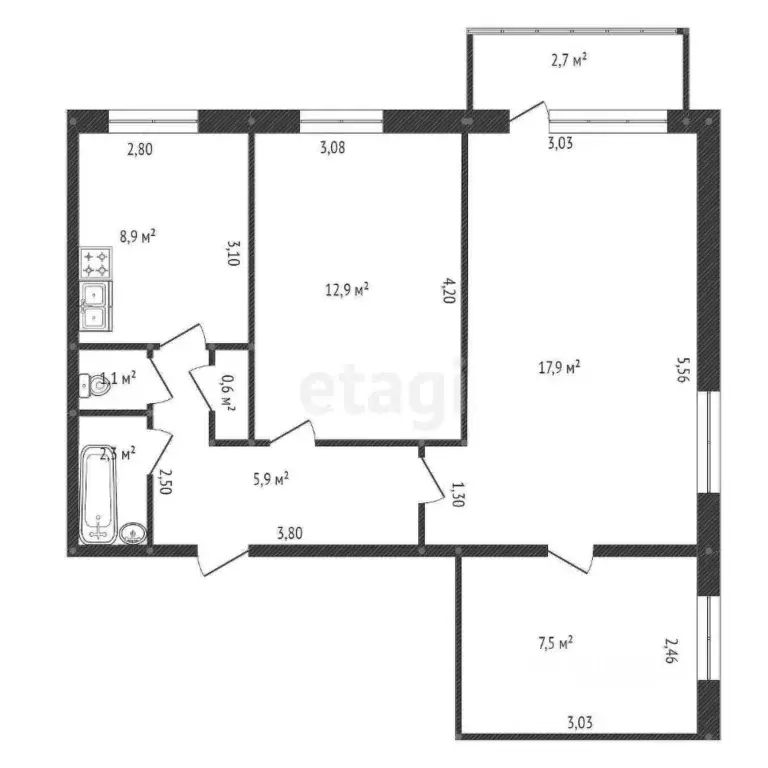 3-к кв. Башкортостан, Уфа Кольцевая ул., 204 (57.1 м) - Фото 2