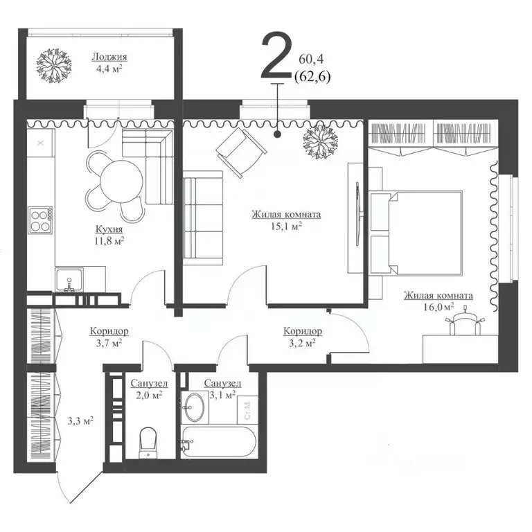 2-к кв. Татарстан, Зеленодольск Мирный мкр,  (60.4 м) - Фото 1