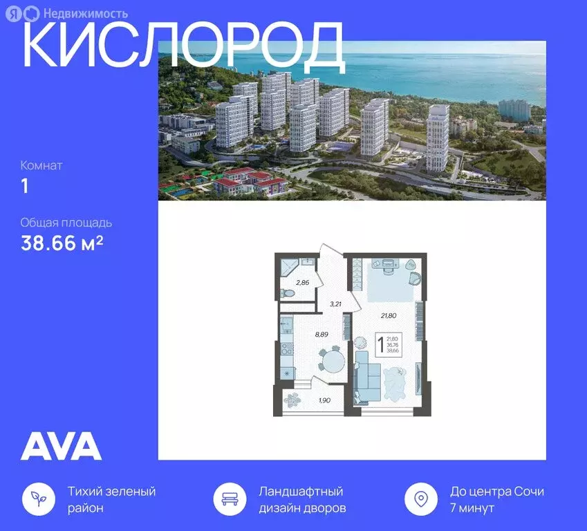 1-комнатная квартира: Сочи, жилой комплекс Кислород, 1 (38.66 м) - Фото 0
