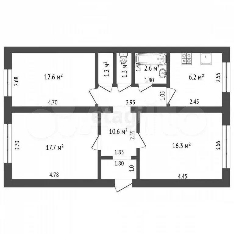 3-к. квартира, 68,5 м, 2/2 эт. - Фото 0
