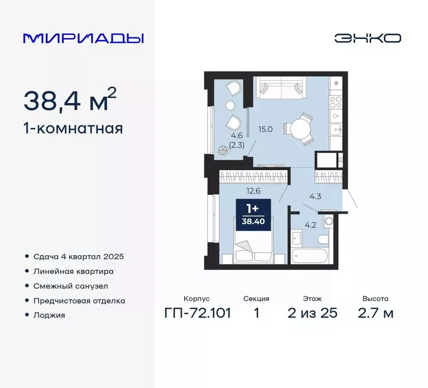 1-к кв. Тюменская область, Тюмень Мириады жилой комплекс (38.4 м) - Фото 0