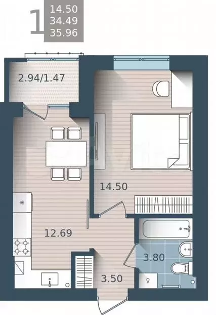 1-к. квартира, 36м, 2/4эт. - Фото 1