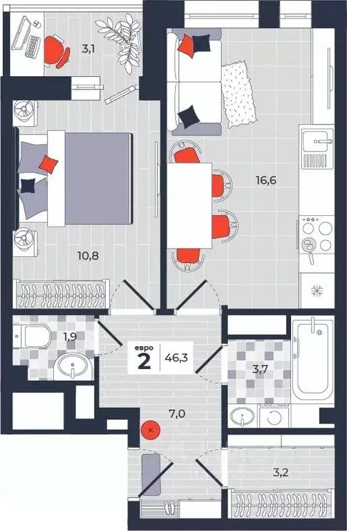 2-к кв. Тульская область, Тула ул. Академика Насоновой, 1А (46.3 м) - Фото 1