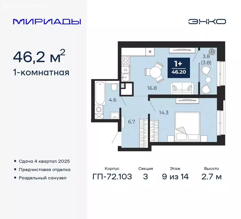 1-комнатная квартира: Тюмень, ЖК Мириады (46.2 м) - Фото 0