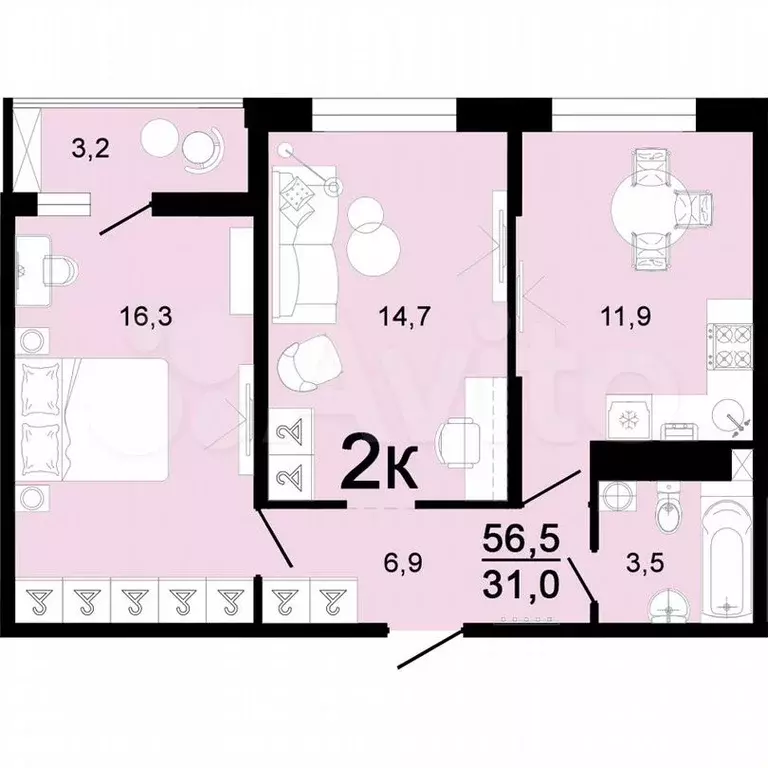 2-к. квартира, 56,5м, 5/8эт. - Фото 1