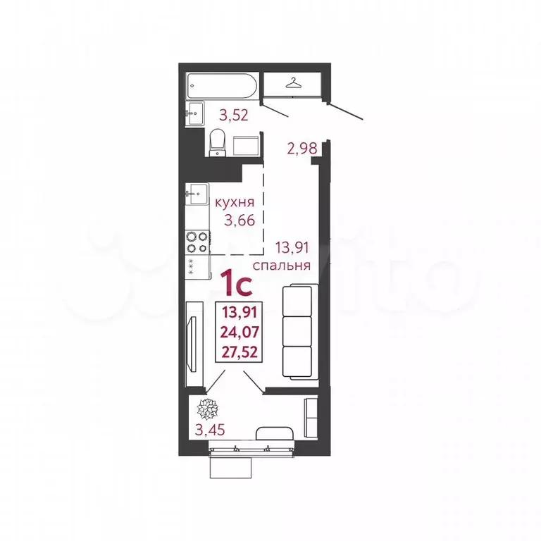 Квартира-студия, 27,5 м, 9/12 эт. - Фото 0
