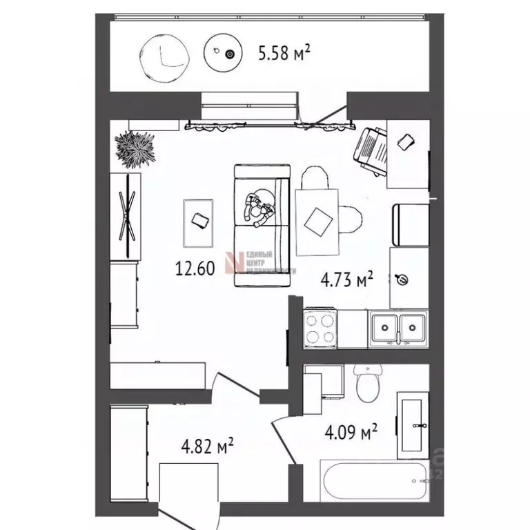 Студия Тюменская область, Тюмень ул. Тимофея Чаркова, 81к2 (33.8 м) - Фото 1