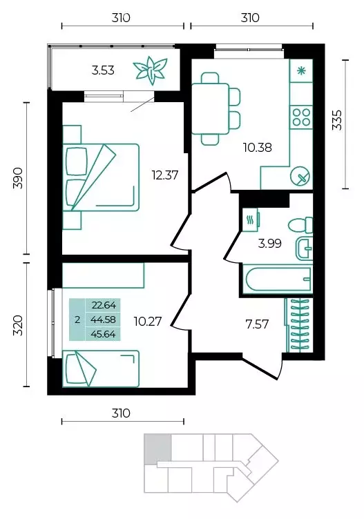 2-комнатная квартира: Майкопский район, посёлок Тульский (45.64 м) - Фото 1