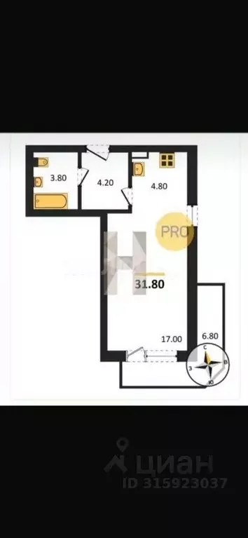 Студия Новосибирская область, Новосибирск ул. Бородина, 54 (32.0 м) - Фото 0