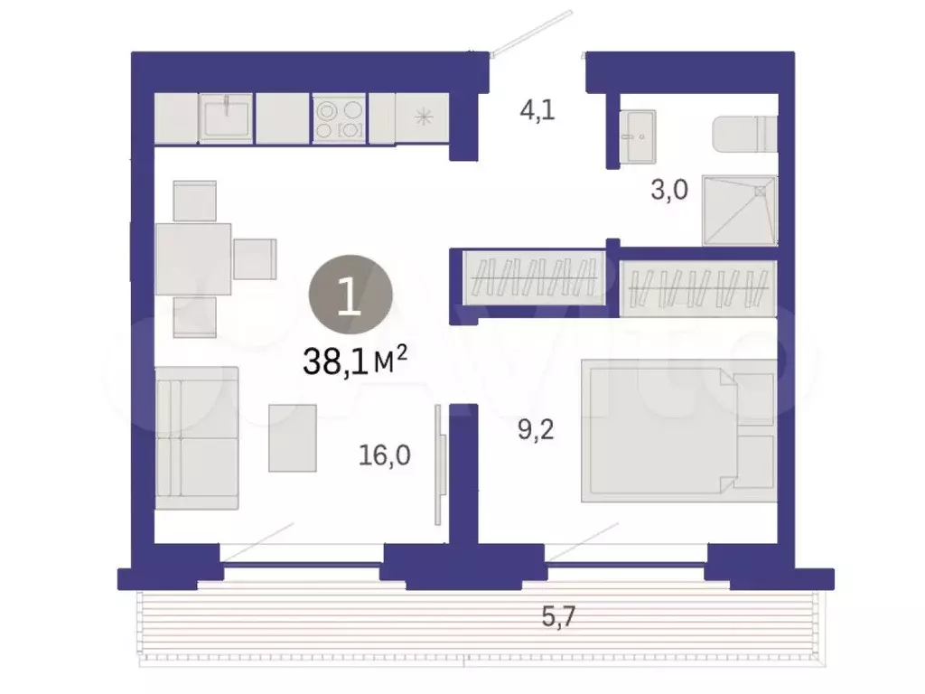 1-к. квартира, 38,1 м, 7/8 эт. - Фото 1