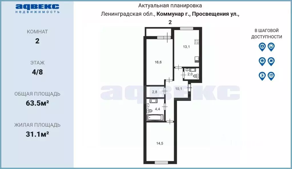 2-к кв. Ленинградская область, Коммунар Гатчинский муниципальный ... - Фото 2