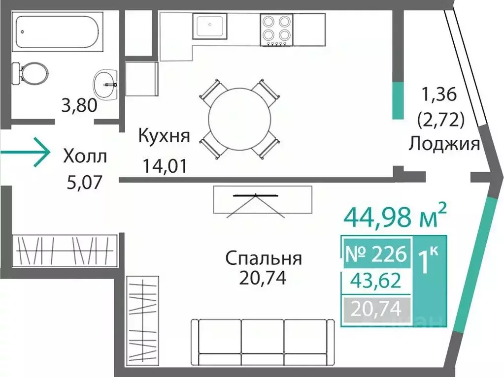 1-к кв. Крым, Симферополь Крымская роза мкр,  (44.98 м) - Фото 0