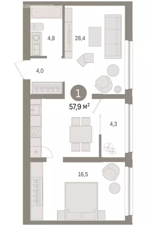 1-комнатная квартира: Тюмень, Мысовская улица, 26к1 (57.89 м) - Фото 1