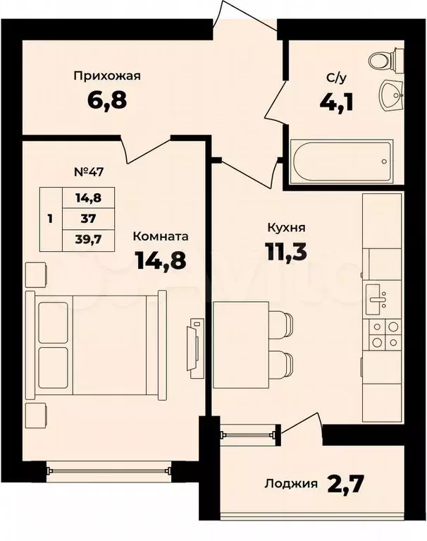 1-к. квартира, 38,4 м, 3/9 эт. - Фото 0