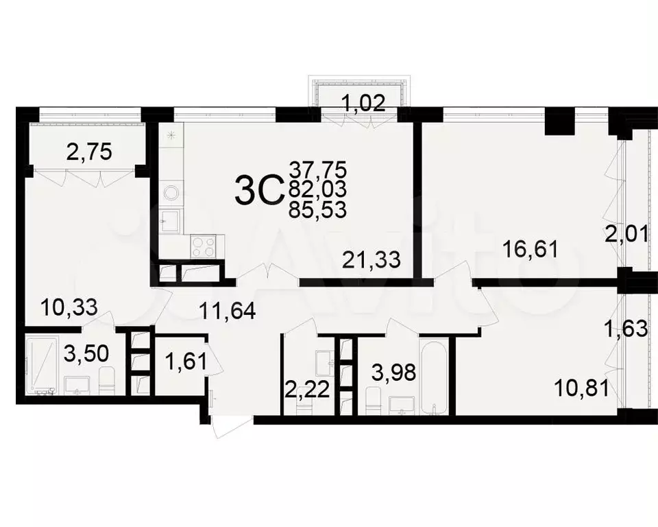 3-к. квартира, 85,5 м, 22/25 эт. - Фото 1