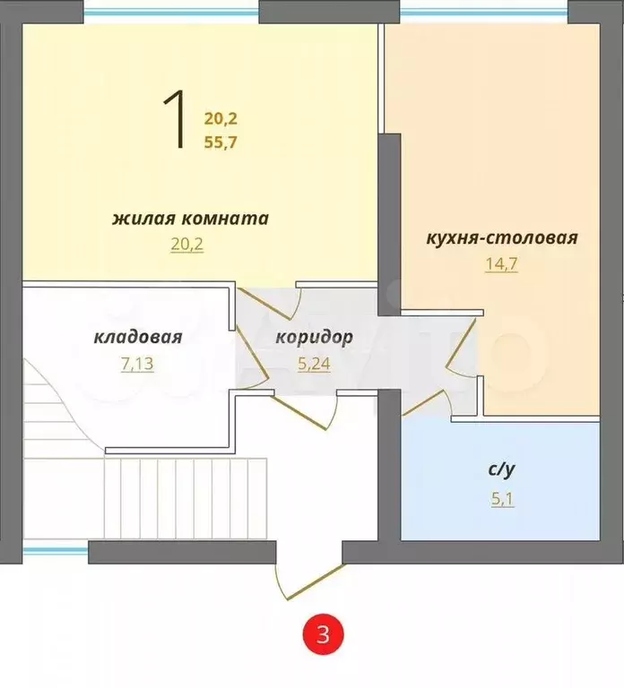 1-к. квартира, 57 м, 1/3 эт. - Фото 0