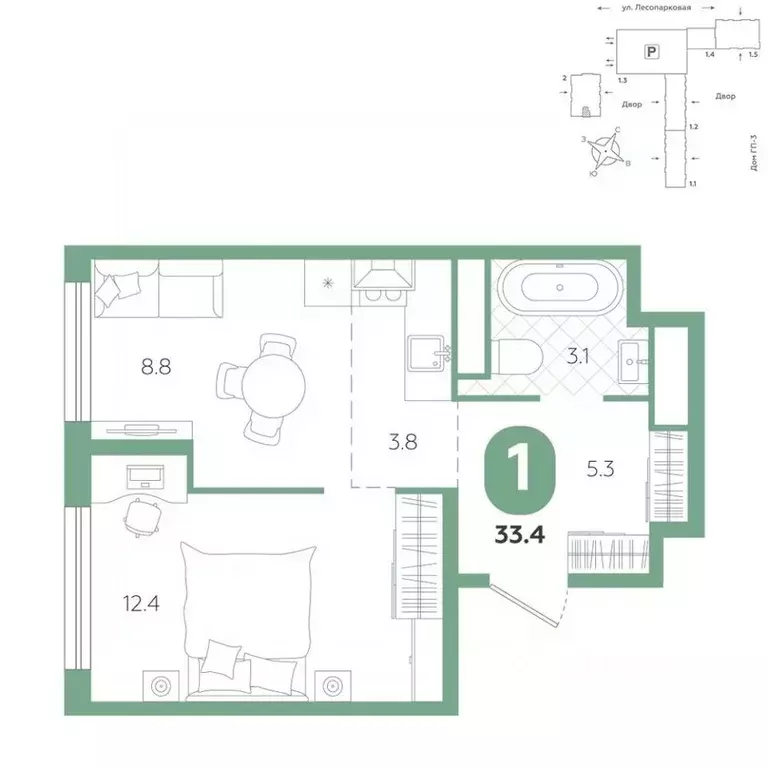 1-к кв. Тюменская область, Тюмень ул. Лесопарковая, 20 (33.4 м) - Фото 1