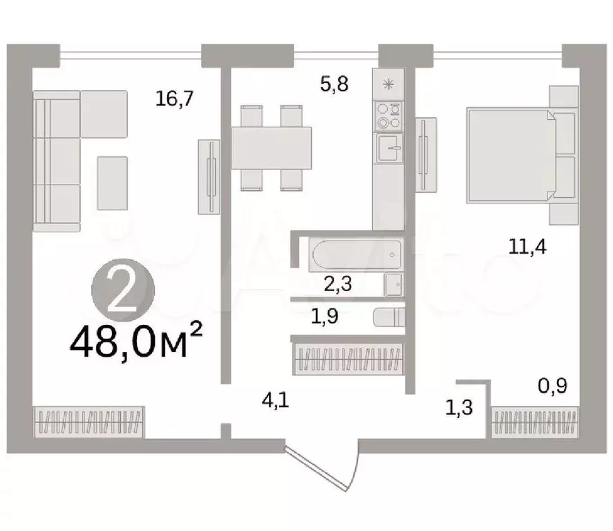 2-к. квартира, 43,8 м, 1/5 эт. - Фото 0