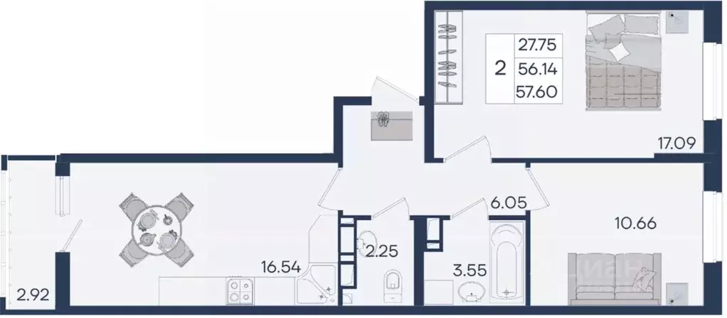 2-к кв. Краснодарский край, Краснодар  (57.6 м) - Фото 1