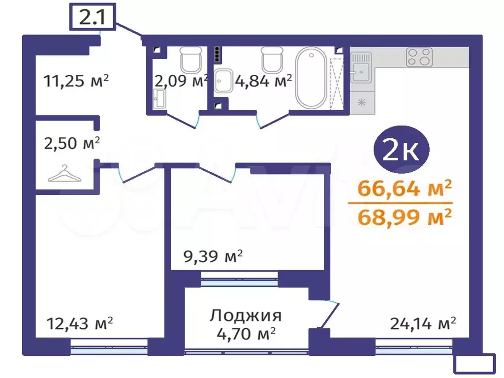 2-к. квартира, 60,4 м, 2/24 эт. - Фото 1