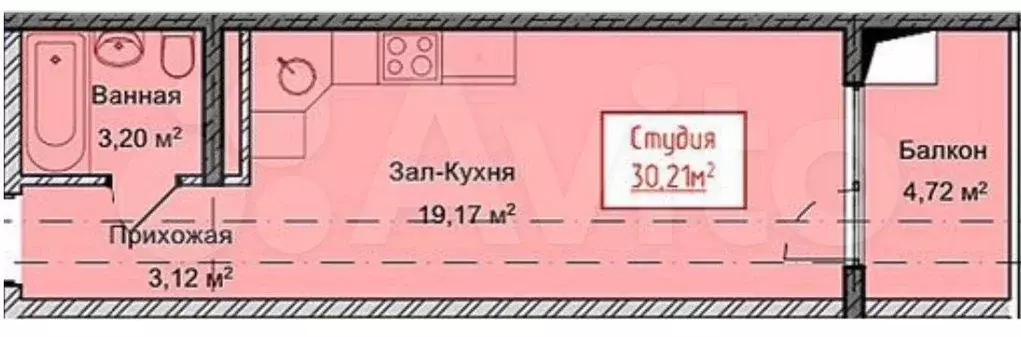 Квартира-студия, 30,2 м, 2/13 эт. - Фото 1