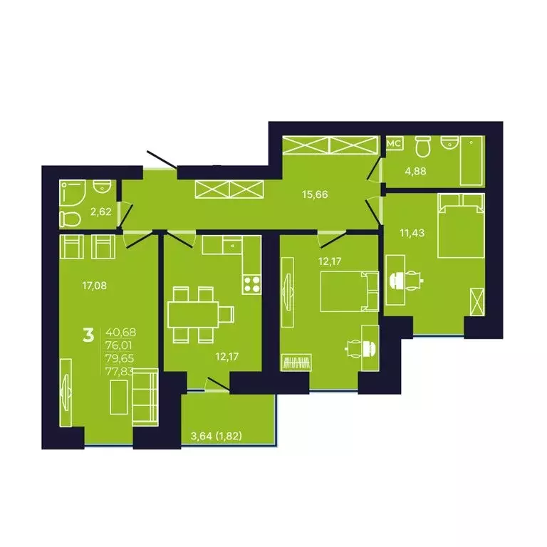 3-комнатная квартира: Уфа, улица Михаила Зайцева, 8 (77.6 м) - Фото 1