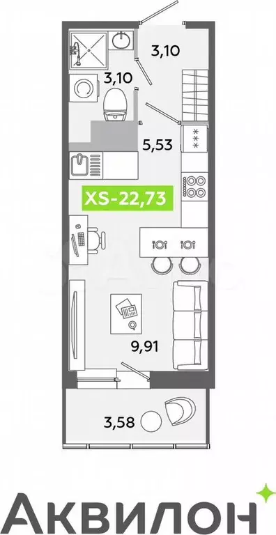 Квартира-студия, 22,7 м, 8/12 эт. - Фото 0