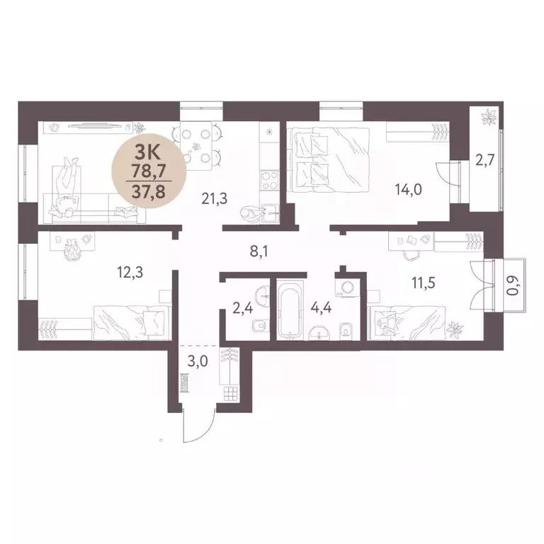 3-к кв. Новосибирская область, Новосибирск  (78.7 м) - Фото 0