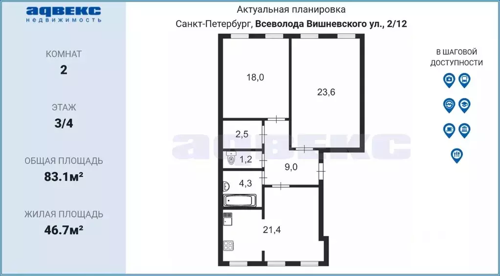 2-к кв. Санкт-Петербург ул. Всеволода Вишневского, 2/12 (83.1 м) - Фото 1