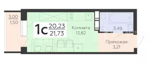 Квартира-студия, 21,7 м, 2/19 эт. - Фото 0