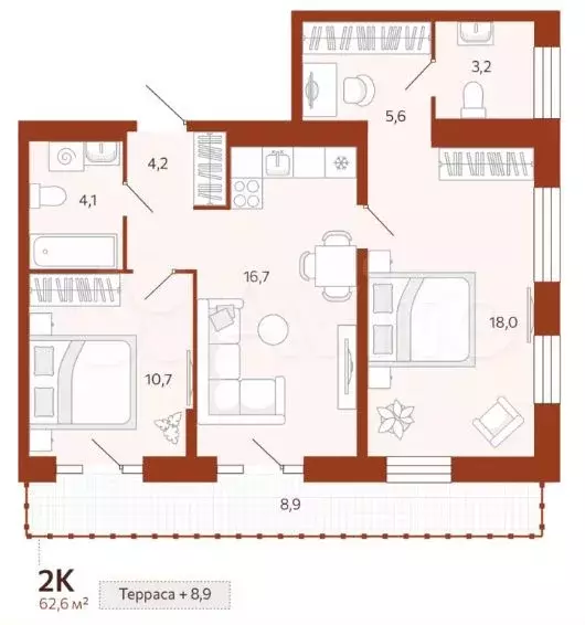 2-к. квартира, 62,6м, 9/11эт. - Фото 0