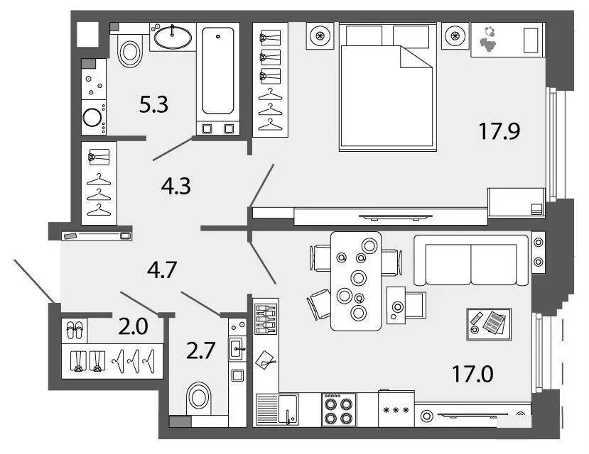Квартира, 2 комнаты, 53 м - Фото 0